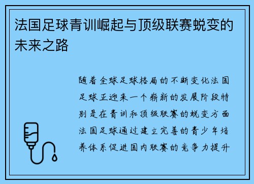 法国足球青训崛起与顶级联赛蜕变的未来之路